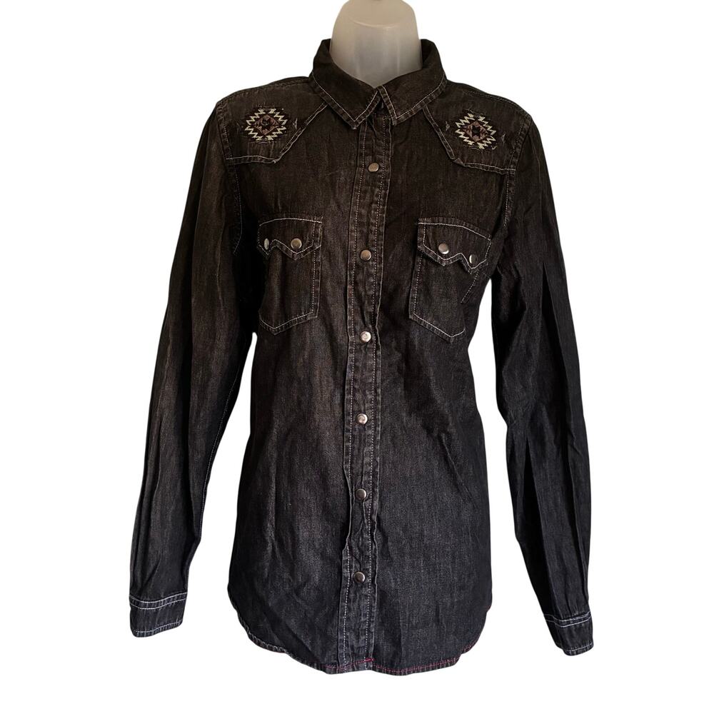Montana Co Embroidered Denim Top Shacket Black Green Large Western